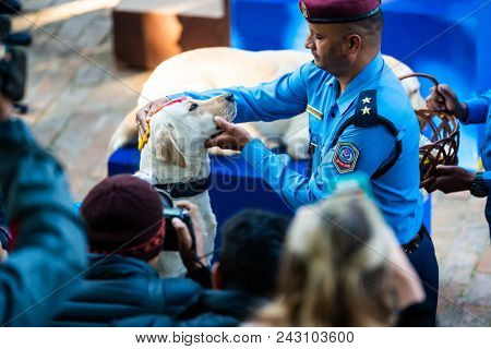 KATHMANDU, NEPAL - OCTOBER 29, 2016: Nepal police celebrates Kukur Tihar (dog festival) at Central Police Dog Training School.