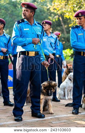 KATHMANDU, NEPAL - OCTOBER 29, 2016: Nepal police celebrates Kukur Tihar (dog festival) at Central Police Dog Training School.
