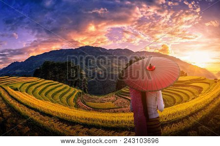 Woman Holding Traditional Red Umbrella On Rice Fields Terraced With Pine Tree At Sunset In Mu Cang C