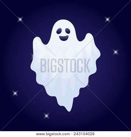 Vector Illustration, Cartoon Halloween Ghost Character On A Dark Background.