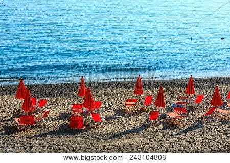 Ascea, Italy - June 20, 2018: Beautiful Tyrrhenian Sea Coastline And Beach Landscape.  Cilento And V