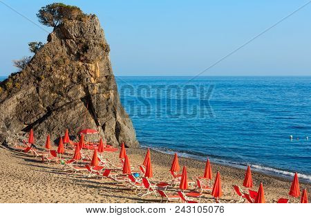 Ascea, Italy - June 20, 2018: Beautiful Tyrrhenian Sea Coastline And Beach Landscape.  Cilento And V