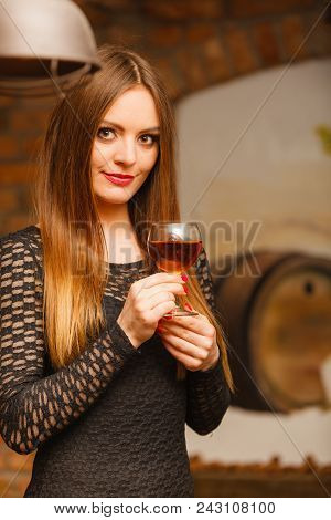 Elegant Beauty Lady Long Hair Full Make Up Wearing Black Dress Tasting Wine In Rural Cottage Interio