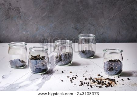 Variety Of Different Black Peppers Allspice, Pimento, Long Pepper, Monks Pepper, Peppercorns And Gro