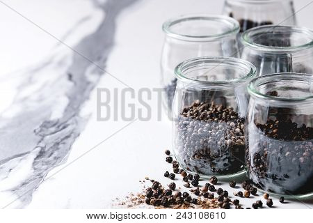 Variety Of Different Black Peppers Allspice, Pimento, Long Pepper, Monks Pepper, Peppercorns And Gro