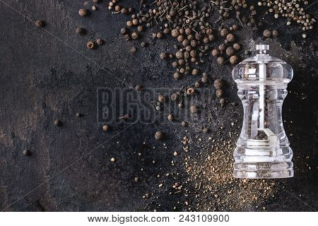Variety Of Different Black Peppers Allspice, Pimento, Long Pepper, Monks Pepper, Peppercorns And Gro