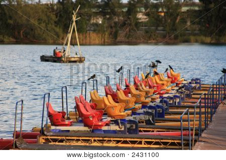 Een lijn van pedaal boten die op activiteit, boot, boten, rust, Entertainment, Fun, Lake, recreatie, natuur,
