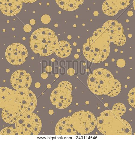 Messy Gold On Brown Holey Grunge Dot Seamless Pattern. Randomly Dotted Background. Infinity Geometri