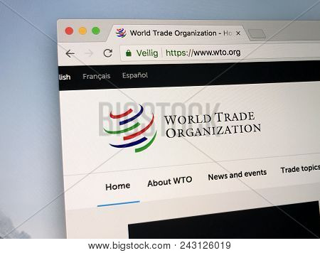 Amsterdam, Netherlands - May 31, 2018: Official Homepage Of The World Trade Organization, Wto.