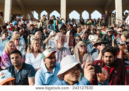 26 February 2018 Amritsar, India. Crowd Of White European Tourists At India Pakistan Wagah Border Sh