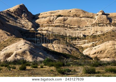 Sandstone Rocks Uplifted From The San Andreas Fault Surrounded By Fields Of Chaparral Shrubs Taken A