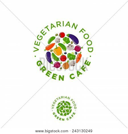 Green Cafe Vegetarian Food Logo. Vegetables Emblem. Carrots, Beets, Cucumber, Mushrooms, Tomatoes, B