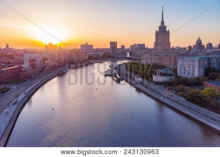 Center Of City On The River Bank At Sunset Time, Panoramic View, City Wallpaper
