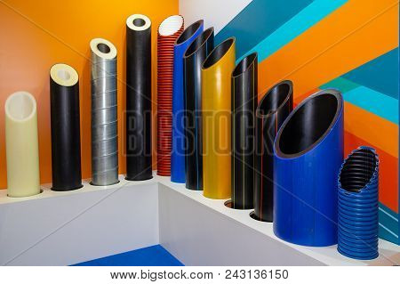 Plastic Water Pipes In A Display At The Exhibition. Industry
