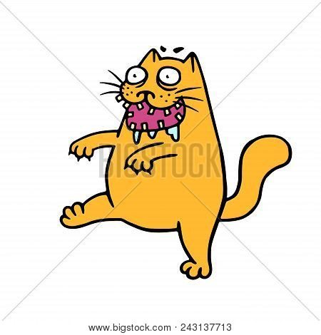 Funny Fat Cat Zombie Goes On A Hunt. Vector Illustration. The Genre Of Horror. Scary Animal Characte