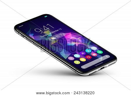 Perspective veiw smartphone concept with material design flat UI interface similar to Android P. Smartphone rests on one corner. Mobile apps icons home screen on the display. Isolated on white background with shadow. 3D illustration.