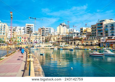May 20, 2018. St. Julian, Malta. Amazing View Of The Spinola Bay And The Town Of St. Julian.