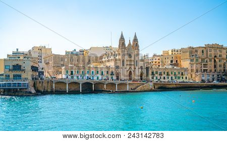 May 20, 2018. St. Julian, Malta. Amazing View Of The Spinola Bay And The Town Of St. Julian.