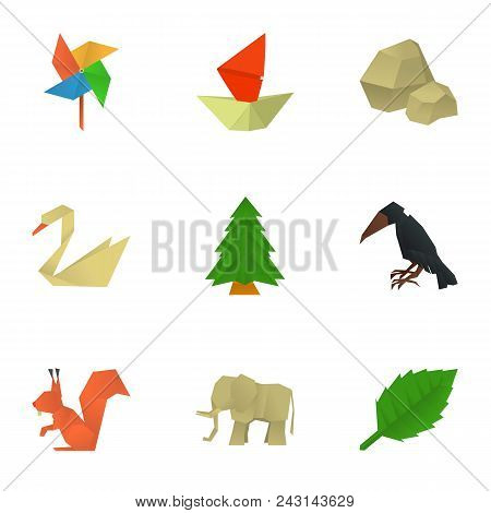 Japanese Origami Icons Set. Cartoon Set Of 9 Japanese Origami Vector Icons For Web Isolated On White