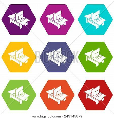 Double Office Table Icons 9 Set Coloful Isolated On White For Web