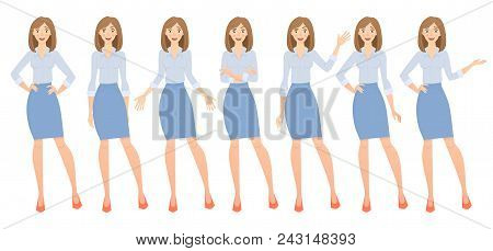Business Woman Set. Set Of Female Gestures And Postures Vector Illustration.