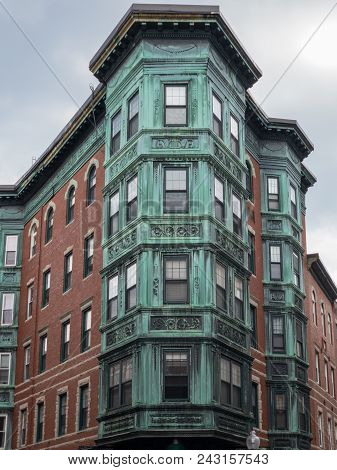 Copper Tripartite, Bay Windows In The North End Neighborhood Of Boston, Massachusetts.