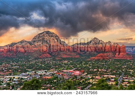 Sedona, Arizona, USA downtown and mountains.