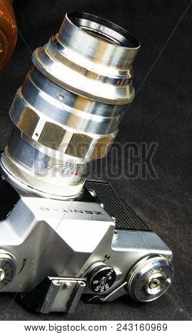 Donetsk, Ukraine - May 07, 2016: Old Soviet Film Slr Camera Zenit - B With Lens Jupiter-11, For Use 