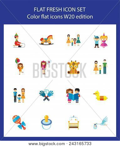 Icon Set Of Childhood Symbols. Family, Toys, Childcare. Children Concept. For Topics Like Parenthood