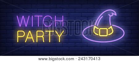 Witch Party Purple And Yellow Neon Style Lettering. Hat On Brick Background. Bright Wall Sign. Costu