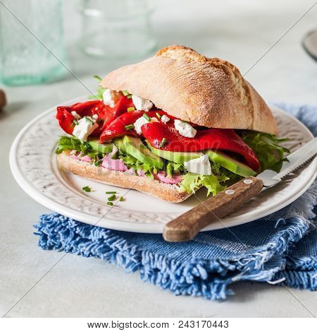 Beetroot Hummus, Roasted Sweet Pepper, Avocado And Feta Sandwich, Square