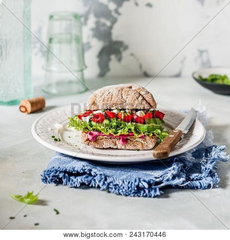 Beetroot Hummus, Roasted Sweet Pepper, Avocado And Feta Sandwich, Square