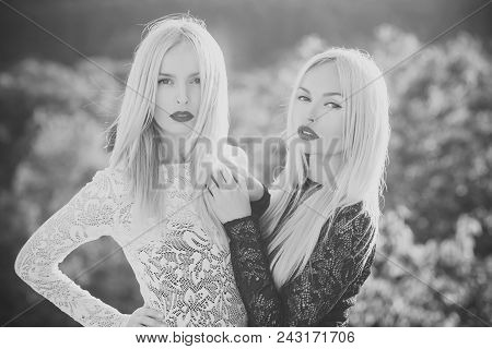 Contrasts And Opposites Concept. Dualism And Dualistic Nature. Beauty And Fashion. Sisters Twins Pos