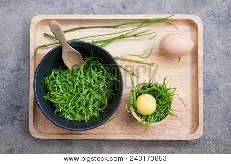 Fresh Egg And Acacia Pennata On Wood Tray Prepare For Omelet Cooking Thai Cuisine - Calls That Cha-o