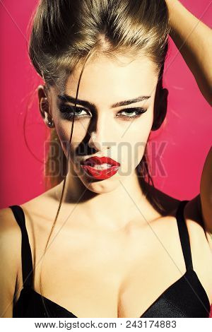Fashion Model Woman Fece Close Up. Face Woman Wiht Happy Emotion. Adorable Sensual Sexy Young Blonde