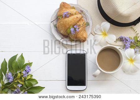 Hot Coffee With Dessert Bakery And Mobile Phone ,hat Of Lifestyle Woman Relax Summer On Background W