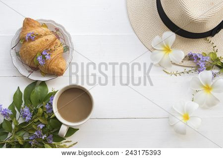 Hot Coffee With Dessert Bakery Hat Of Lifestyle Woman Relax Summer On Background White