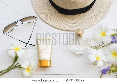 Natural Cosmetics For Skin Face Sunscreen Spf50 And Accessories Of Lifestyle Woman Relax Summer