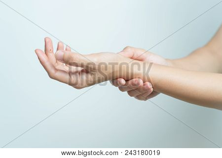Woman Wrist Arm Pain. Office Syndrome Healthcare And Medicine Concept