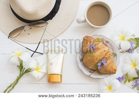 Natural Cosmetics For Skin Face Sunscreen Spf50 ,hat,hot Coffee And Dessert Of Lifestyle Woman Relax