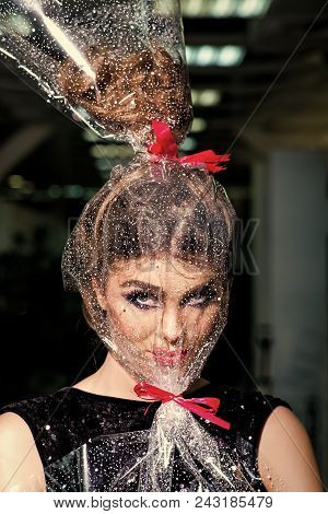 Sensual Sexy Woman. Woman Face Makeup Wrapped In Overwrap, Pack. Girl With Transparent Wrapper On Fa
