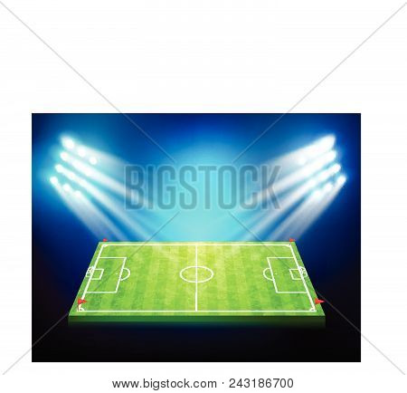 Soccer Football Stadium Greeen Grass Field With Spot Light At Night Time Vector Illustration