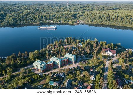 Aerial view of the Svir river early in the morning, Leningrad region, Russia.