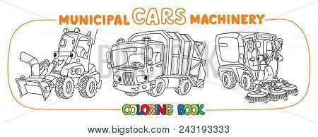 Funny Garbage Truck, , Sweeper Car, Snowthrower Or Snow Blower. Small Funny Vector Cute Vehicles Wit