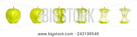 Green Apple, A Bitten Off From Different Sides, A Stub Of A Green Apple Isolated On A White Backgrou