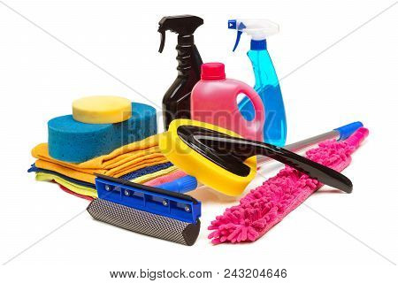 Tools For Car Wash And Clean Consisting Of Sponge, Duster, Brush, Chemical, Microfiber Brush Isolate
