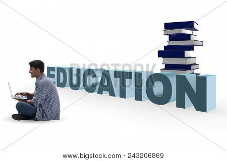 Young man in telelearning concept with laptop and books