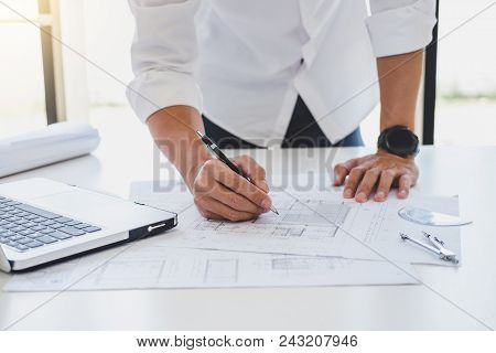 Workplace Items Tools For Project, Architect Or Engineer Working On Blueprint For Architectural Proj
