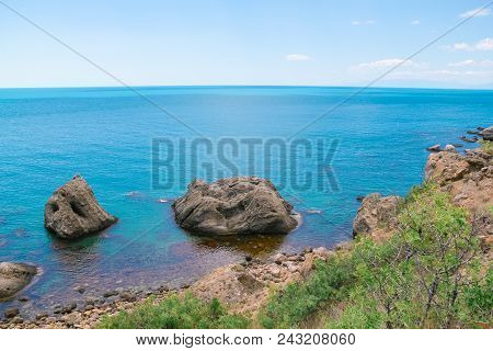 Sea And Rocks Beautiful Horizontal Landscape. Colorful Background, Travelling Concept.