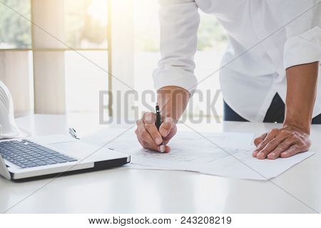 Workplace Items Tools For Project, Architect Or Engineer Working On Blueprint For Architectural Proj